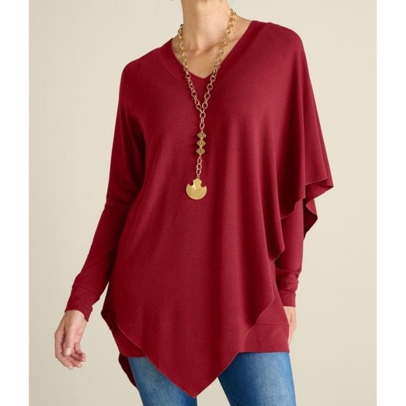 Soft Surroundings Red Madeline Tunic Medium Cape Overlay V-Neck Raglan Sleeves - Picture 2 of 10